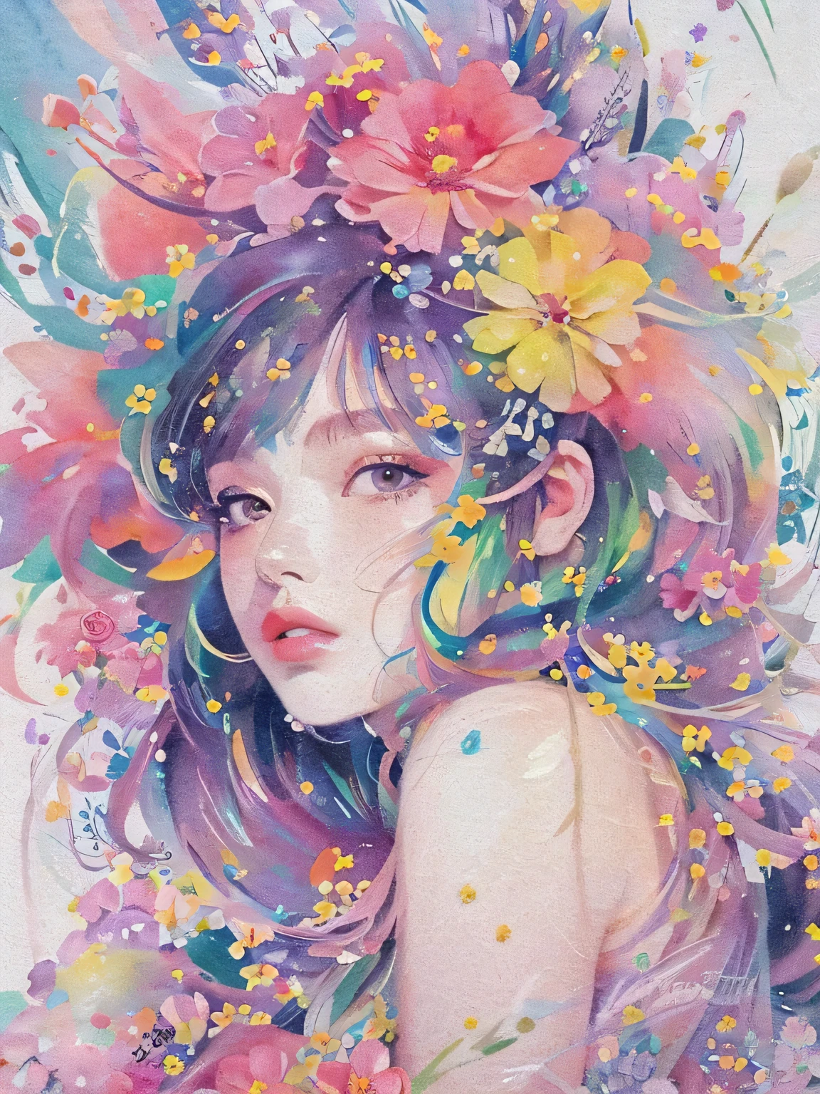 Mai Yoneyama style、(((stylish fashion))), 8K Quality、Intense watercolor, Detailed watercolor art, Watercolor splash, Surreal, avant-garde pop art, Beautiful and expressive paintings, Beautiful artwork illustration, Very colorful tones, wonderful, Cool beauty, highest quality、Official Art, Vector art, Stylish design, (((The most beautiful girl))), (((highest quality))), HDR, ((detailed)), (((Doodle Art)), ((masterpiece)), ((Super detailed)), (((Colorful flowers))),(((Stylish))), Lips in Love