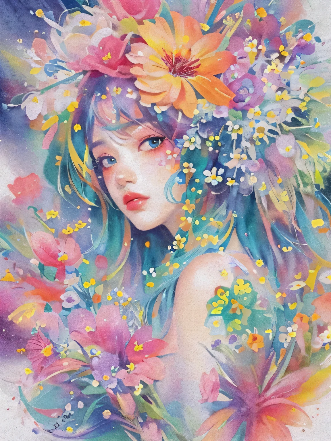 Mai Yoneyama style、(((stylish fashion))), 8K Quality、Intense watercolor, Detailed watercolor art, Watercolor splash, Surreal, avant-garde pop art, Beautiful and expressive paintings, Beautiful artwork illustration, Very colorful tones, wonderful, Cool beauty, highest quality、Official Art, Vector art, Stylish design, (((The most beautiful girl))), (((highest quality))), HDR, ((detailed)), (((Doodle Art)), ((masterpiece)), ((Super detailed)), (((Colorful flowers))),(((Stylish))), Lips in Love