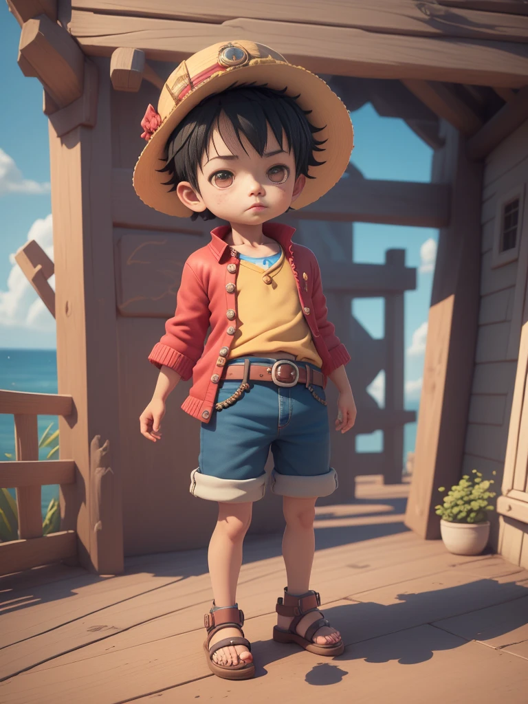 Lovely 3d render, Beautifully detailed digital art, Boy Explorer Mini Cute Boy, Cute numbers, Stylized 3d rendering, Cute numbers艺术, Lovely render 3d anime boy, Luffy, The little pirate looked up, Lovely! c4d, Portrait Anime Sea Boy, ((He was wearing a red long-sleeved four-button cardigan., a belt around his waist, Blue shorts（With cuffs）, sandals)), ((Standing on a pirate ship)).