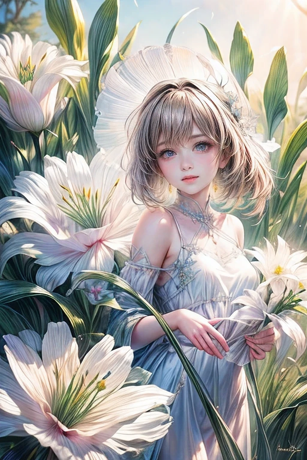 multiple exposure, masterpiece:1.2, highest quality, 16k, highres, ultra-realistic, photorealistic:1.37, beautiful detailed:1.2, cute lily fairy girl, flying in a meadow full of lilies, holding a bouquet of lilies,meadow(colorful lilies, full of lilies, bluesky), beautiful delicate pure white dress and hat with a lily motif, Beautiful and elegant pose, gently smile, beautiful delicate(hair, face, long eyelash, eyes, pupils, lips, hat, dress), sparkling eyes, shining rosy lips, blushed cheek, through bangs,