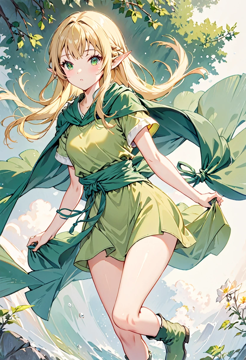1girl, elf, blonde long hair, forehead, green eyes, yellow-green tunic with short sleeves, green soft boots, green cloak draped around shoulders, bare thighs, slender, , string tied around waist,
