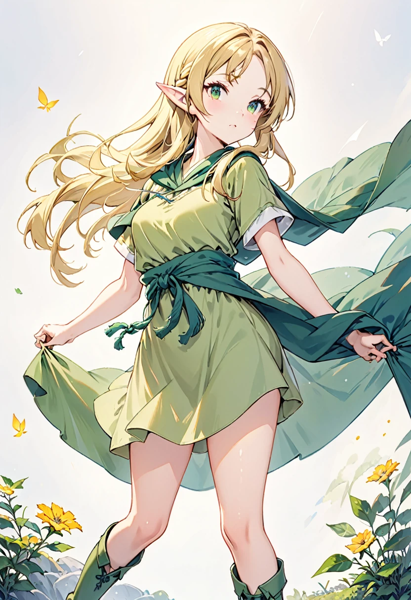 1girl, elf, blonde long hair, forehead, green eyes, yellow-green tunic with short sleeves, green soft boots, green cloak draped around shoulders, bare thighs, slender, , string tied around waist,