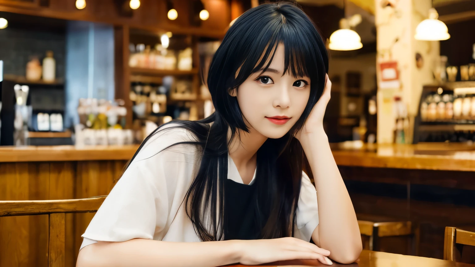 , Blown by the long wind [Blue-black:.3] hair,View Viewer, (Tabletop:1.3), (8k, Realistic, RAW Photos, highest quality: 1.4), Japanese, (One Girl), Beautiful Face, (Realistic Face), (Black hair, Short hair:1.3), Beautiful hairstyle, Realistic eyes, Beautiful fine details, (Realistic Skin), Beautiful Skin, Charm, 超A high resolution, Surreal, Very detailed, Golden Ratio,、Nogizaka Idol、Korean Idol、Gravure idol pose、、Age 25、expensive、Inside the cafe、