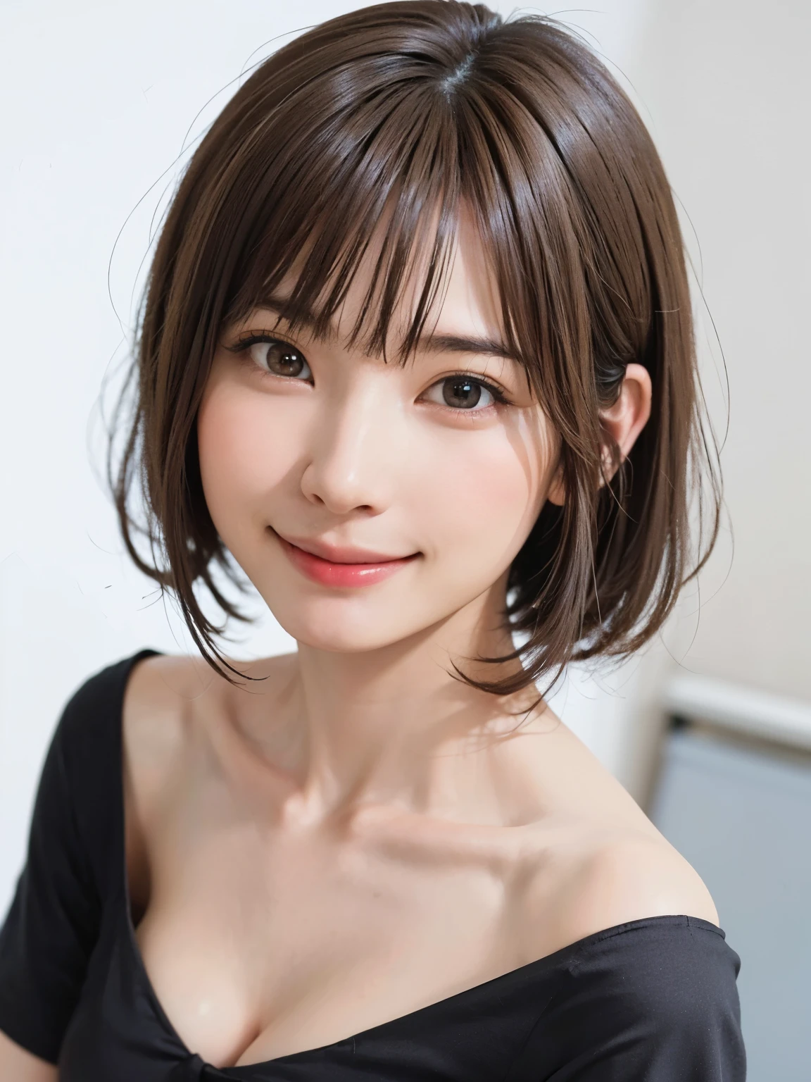 1 girl, alone, Beautiful Skin, very detaileded, ultra detaileded, Ultra-high resolution, (Photorealism:1.4), (highest quality), (Best Shadow), detailed, Perfect lighting, Black Hair:2, ((Showpiece, highest quality, High precision)), One Girl, (Realistic: 1.4), (look up at the camera even a little, カメラをlook up, look up, look up at the camera, Looking into the camera))), alone, White Background, snow-White Background, shut up., smile, pretty Black Hair:2, short hair:1.6, Big eyes, Beautiful double eyelids, eyelash, listen, Long neck, 美しいLong neck, Absolute area, ((Face close-up, short hair with bangs、Short Bob Hair:1.5、Off the shoulder)), 19 years old, Attractive proportions, Shiny skin, Beautiful clavicle, Golden ratio face, Perfect Face, Teardrop-shaped mole, Mole on chest, bangs, clean bangs, beautiful bangs, Lip gloss, Thin lips, White skin, I took off my clothes, Small face, Small face, 少し上を向いてLooking into the camera, ((smile a little for the camera, Beautiful background with vibrant paint, Listen carefully, big 胸、Dynamic Angle:1.5、Workplace Safety:2))