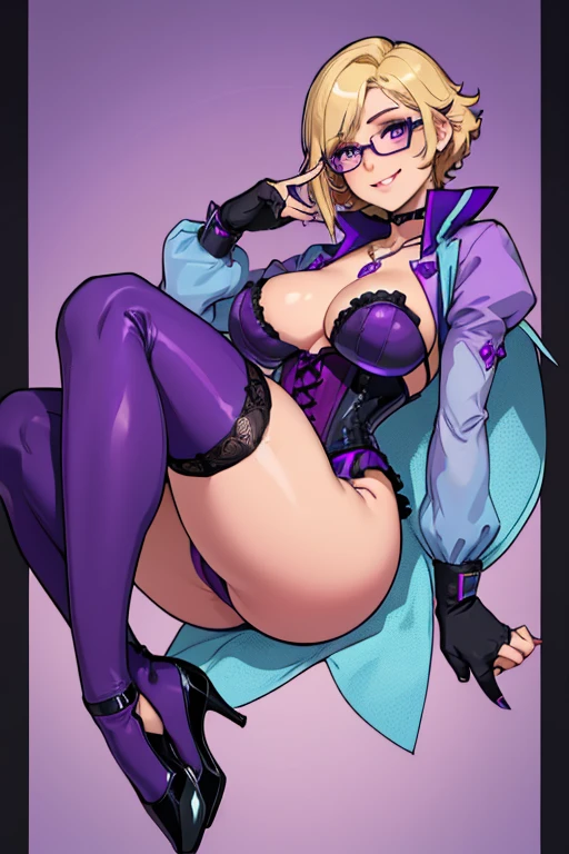 female, blonde short hair with purple trim, purple eyes, robotic, (((1girl))), (((light blue corset with purple trim))), (purple panties), (black fingerless opera gloves), (purple stockings), (black heels), (glasses), necklace with snowflake pendant), cute and sexy, full body, large breasts, large butt, long legs, smiling