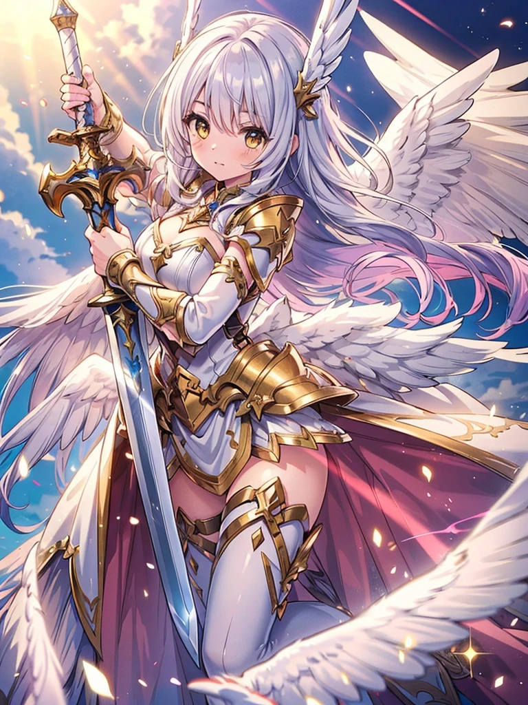 (masterpiece), highest quality, One girl, Valkyrie, Angel knight in white dress and silver armor, Shiny Armor, High Gloss Armor, reflective metal armor, holding sword, (length_sword), pink length curly hair, Yellow Eyes, wing, White clothes, Perfect lighting