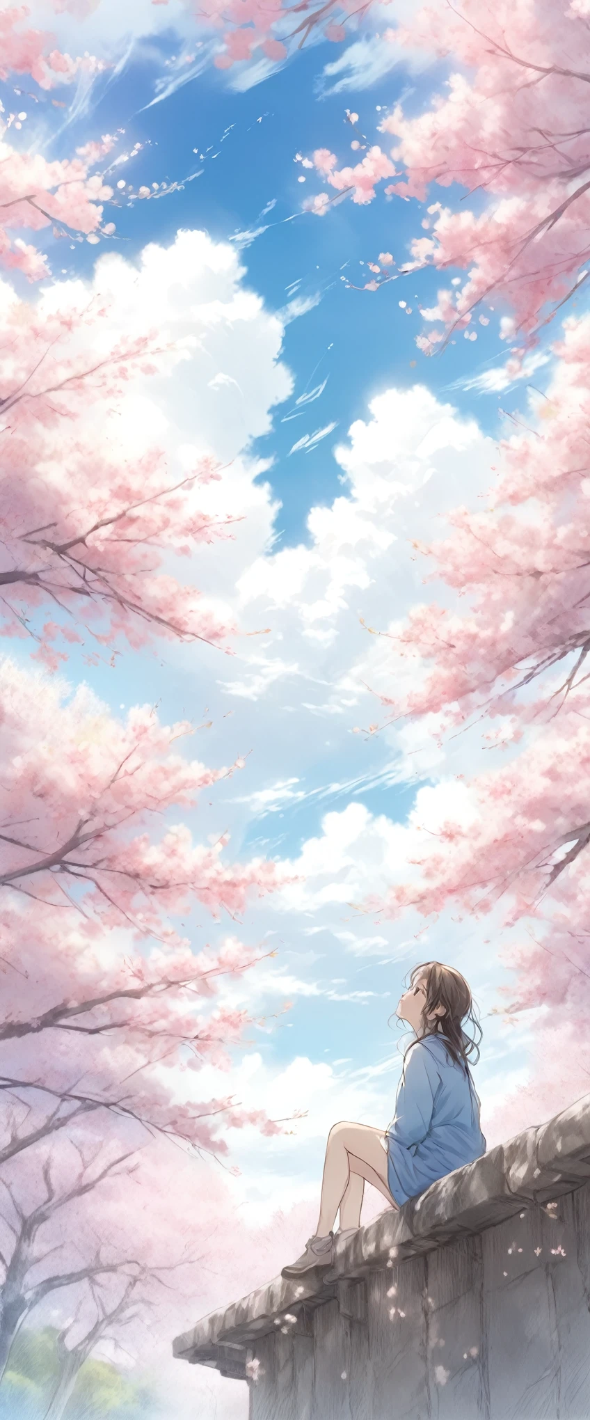 (PE pencil drawings:1.4),  Clouds and blue sky、Spring sky and beautiful cherry blossoms、Landscape photo of vast cherry blossom trees、（A view from below of the sky and the wilderness below）、Girl looking up at blue sky、Draw a big picture of the sky、table top、highest quality