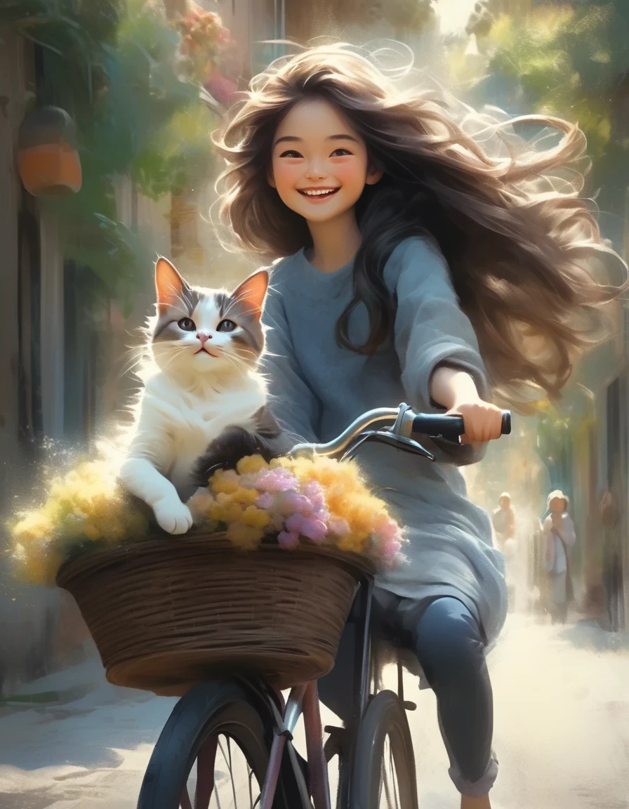 Young girl with a cat, young girl with a cat, a woman with long flowing hair riding a bicycle with a cute smiling cat in the basket, she holds out her arms with a happy expression, illustration style, best details, crayon, pastel, matte, risque, grainy texture, diffuse gradient, blurred edges, rough textured watercolor paper