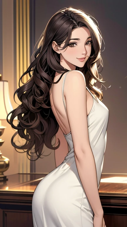 masterpiece quality, high quality, Intricate details, beautiful, Great quality, Dynamic Lighting, Cinema Lighting, Natural light, Movie details, , beautiful, woman, Long Wavy Hair, 25歳woman,beautiful smile, Soft body,Slender,tight brown dress,Midi Dress,Clear facial features,Long eyelashes,Small breasts,Bowl-shaped chest,Small Ass,Tight ass,