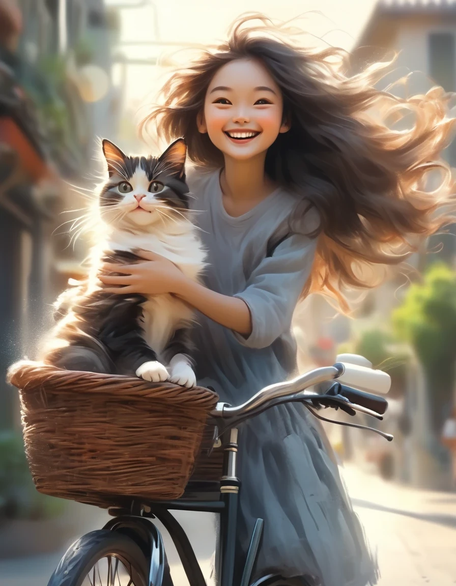 Young girl with a cat, young girl with a cat, a woman with long flowing hair riding a bicycle with a cute smiling cat in the basket, she holds out her arms with a happy expression, illustration style, best details, crayon, pastel, matte, risque, grainy texture, diffuse gradient, blurred edges, rough textured watercolor paper