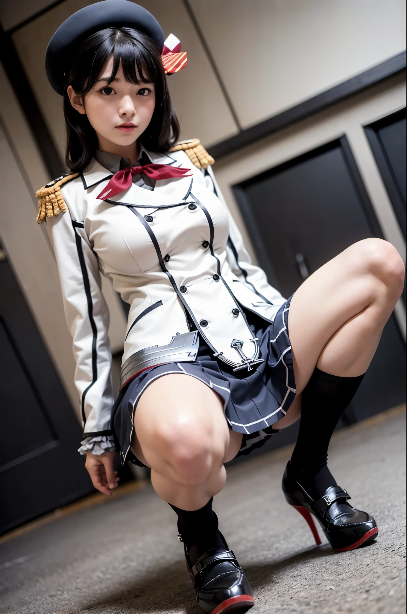 1girl, solo, black hair, ((Twin Curl)), large breasts, 
kashicos, beret, white gloves, micro miniskirt, kneehighs, ((Squat)), crotch to the audience, ((Open your legs wide)), Below the knee, Black socks, Brown Loafers, Grass Park, 
Low camera position, 