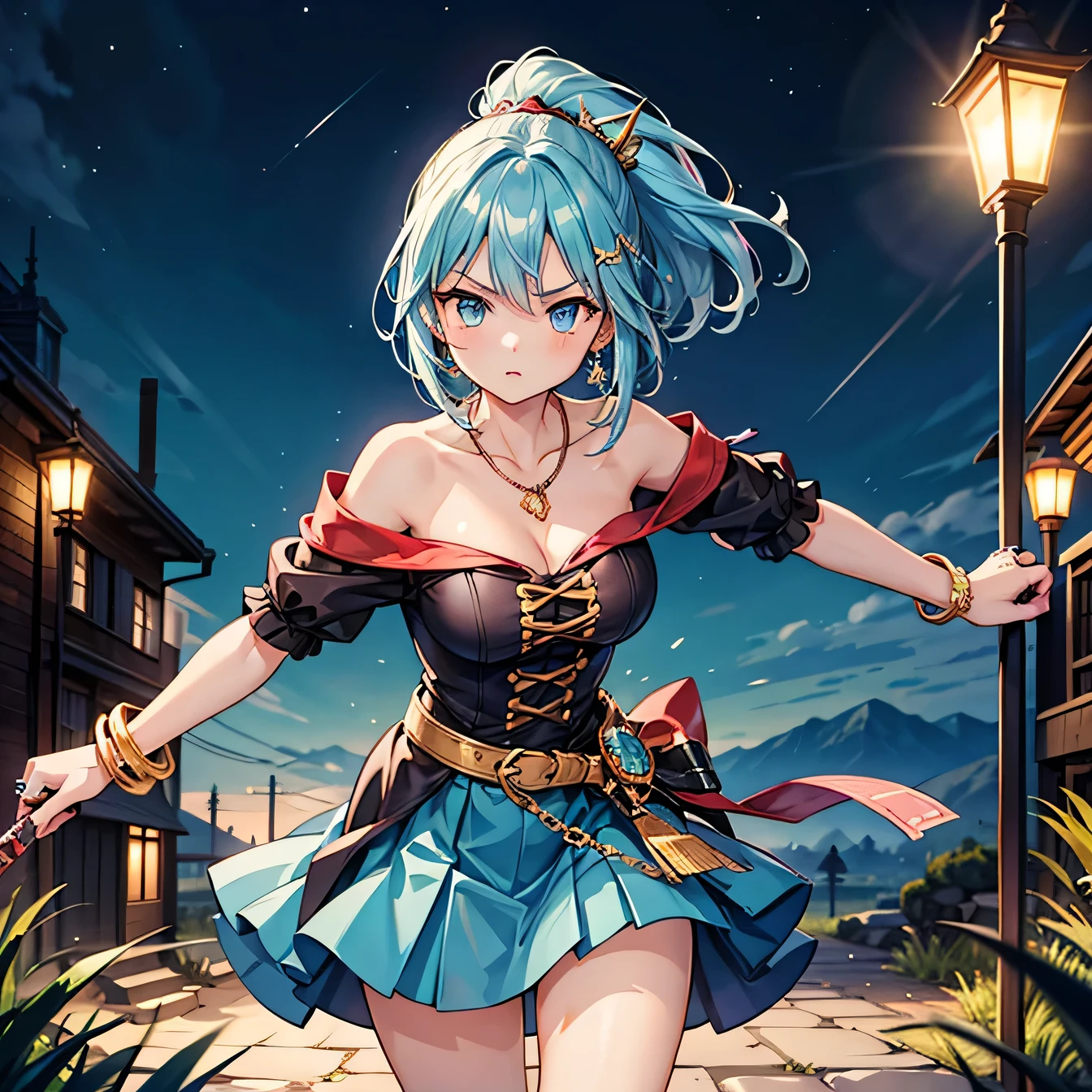 Anime Moe Art Style,highest quality,High resolution,Anatomically correct,One Girl,Mid-teens,A girl with light blue hair in a ponytail,Super detailed,Fantasy World,Off-the-shoulder tops,mini skirt,Big Breasts,A rich expression,Serious expression,Holding a dagger in reverse,Fighting,Plains at night,Eyes drawn in detail,hair ornaments,necklace,bracelet,ring,8K