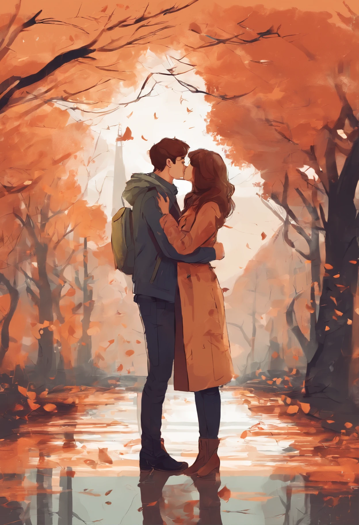 a couple of people that are kissing each other in the fall, trending on artstration, 🍁 cute, kissing together cutely, 8k)), beautiful drawing style, high quality fanart, lovely kiss, by Nil Gleyen, beautiful artwork, by Choi Buk, lovely couple, beautiful aesthetic art, ✏️🎨, kissing together, a beautiful artwork illustration