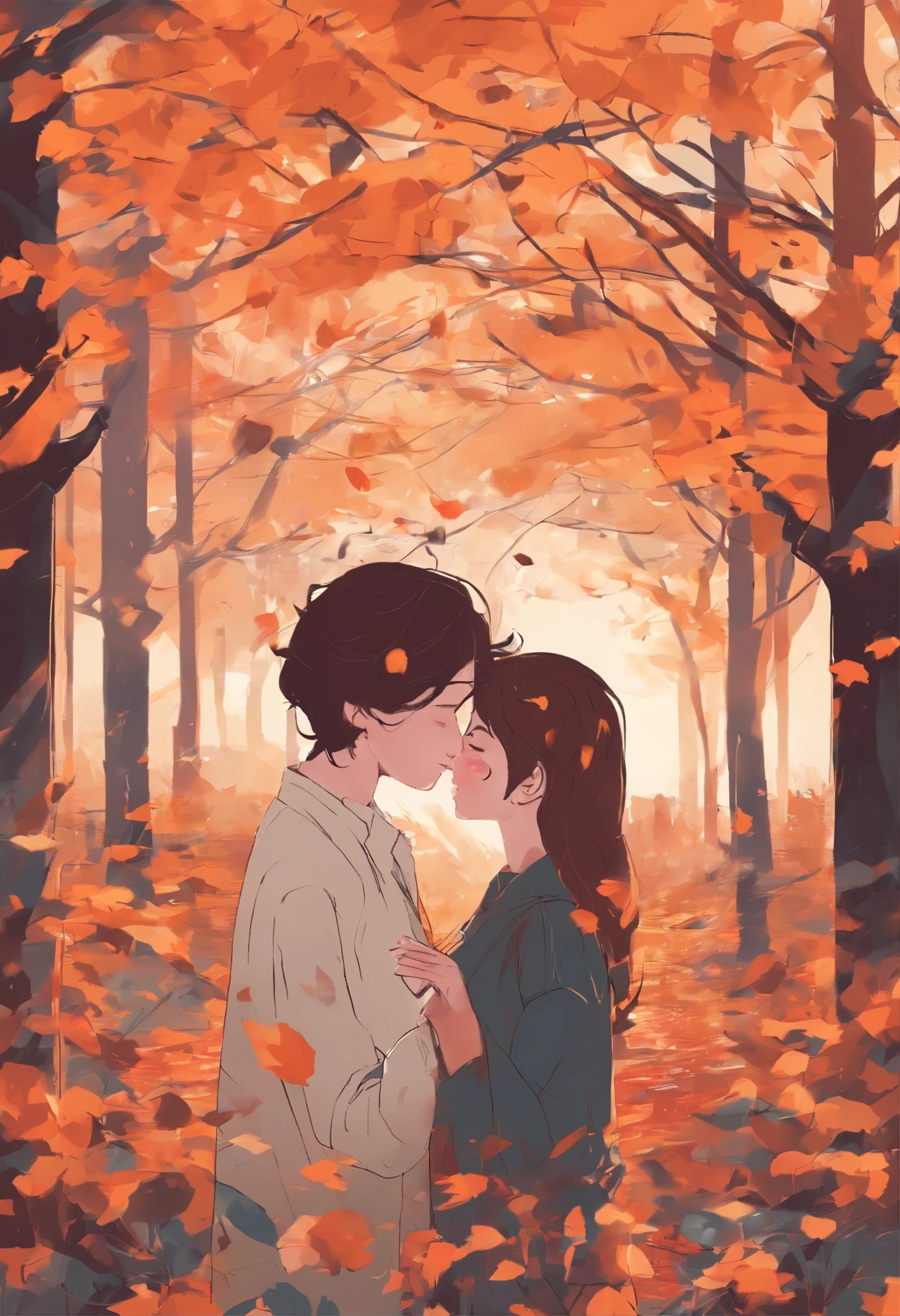 a couple of people that are kissing each other in the fall, a detailed painting by Nil Gleyen, tumblr, serial art, trending on artstration, 🍁 cute, kissing together cutely, 8k)), beautiful drawing style, high quality fanart, lovely kiss, beautiful artwork, lovely couple, beautiful aesthetic art, ✏️🎨, a beautiful artwork illustration