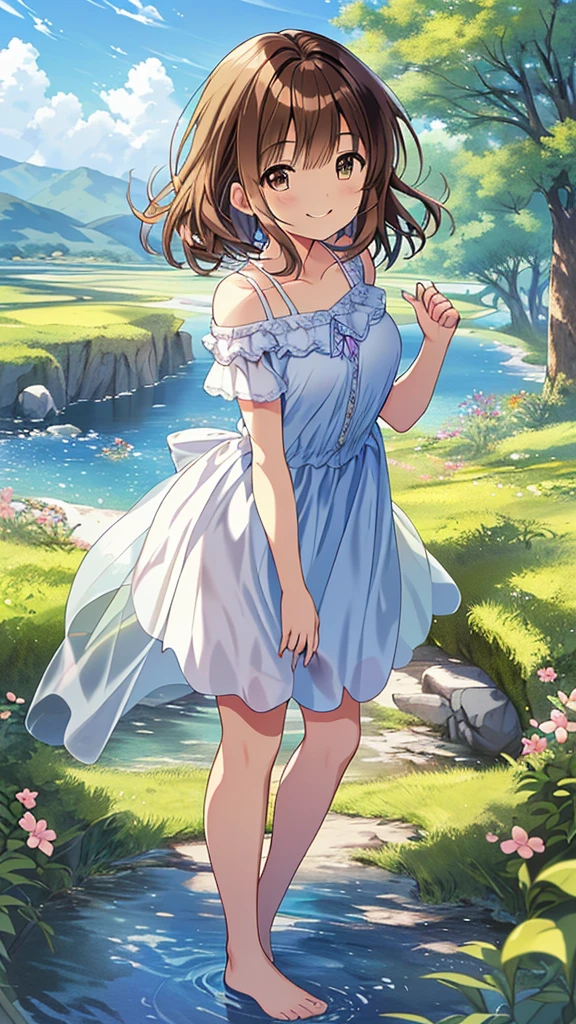 highest quality, masterpiece, Ultra-high resolution, 8k, Summer sky, early summer, (((Summer clothing)), Show anime style , One, Soft Line Art, Digital Enhancement, shojo anime touch, shojo manga core, Flowing fabric, close, (Short brown hair)), Wet Hair, Staring at us from the front, Soft Drawing, Beautiful brown hair, Clear brown eyes, Slightly chubby,Small breasts,(((Teasing Smile)) , Ultra-Definition Digital Anime Art, Clear facial depiction, Super detailed girl cartoon character art, Ultra-detailed manga style, highest qualityの色, Hands, Landscape with nature, Look up at the sky, Angle that allows you to see all the way to your feet