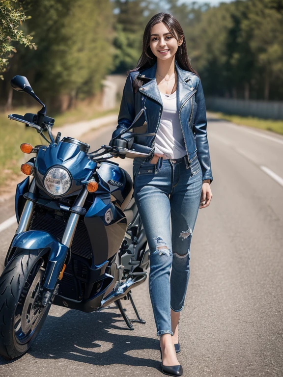 ((highest quality, 8k, masterpiece: 1.3)), sharp: 1.2, Perfect body beauty: 1.4,(((Woman on motorcycle))),Slender body,((Blue long sleeve motorcycle jacket and jeans)),Highly detailed face and skin texture,((Full Body Shot)),Natural light,smile