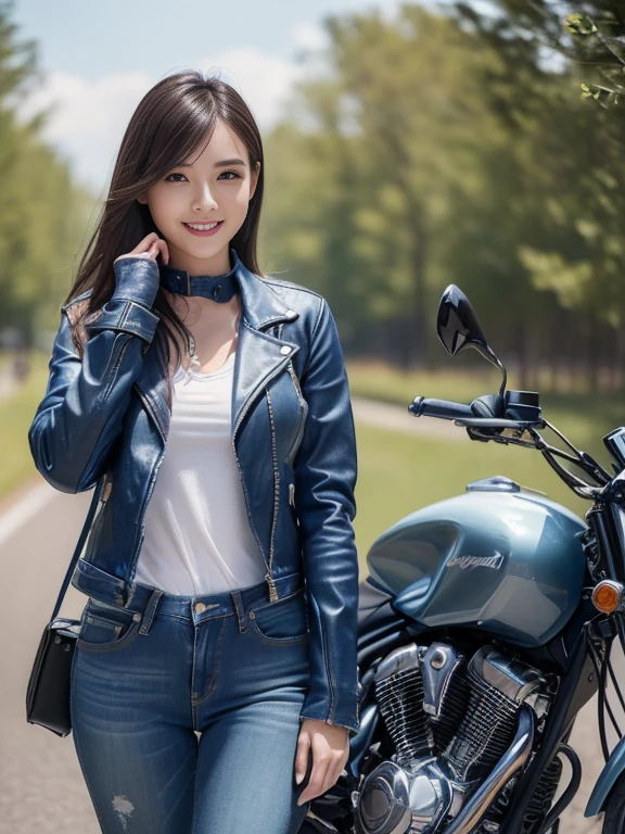 ((highest quality, 8k, masterpiece: 1.3)), sharp: 1.2, Perfect body beauty: 1.4,(((Woman on motorcycle))),Slender body,((Blue long sleeve motorcycle jacket and jeans)),Highly detailed face and skin texture,((Full Body Shot)),Natural light,smile