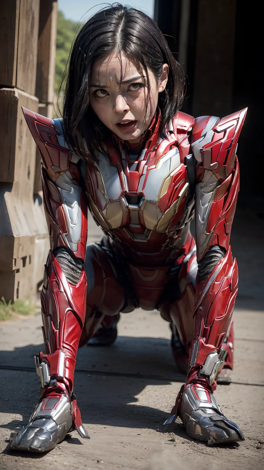 highest quality　8k red armor　Iron Man Suit　Middle-aged women　　Sweaty face　　short hair　　Steam coming from the head　My hair is wet with sweat　Black Hair　((Falling to the ground)) Dead　Injury　Full body portrait　顔だInjury露出している　Filming location