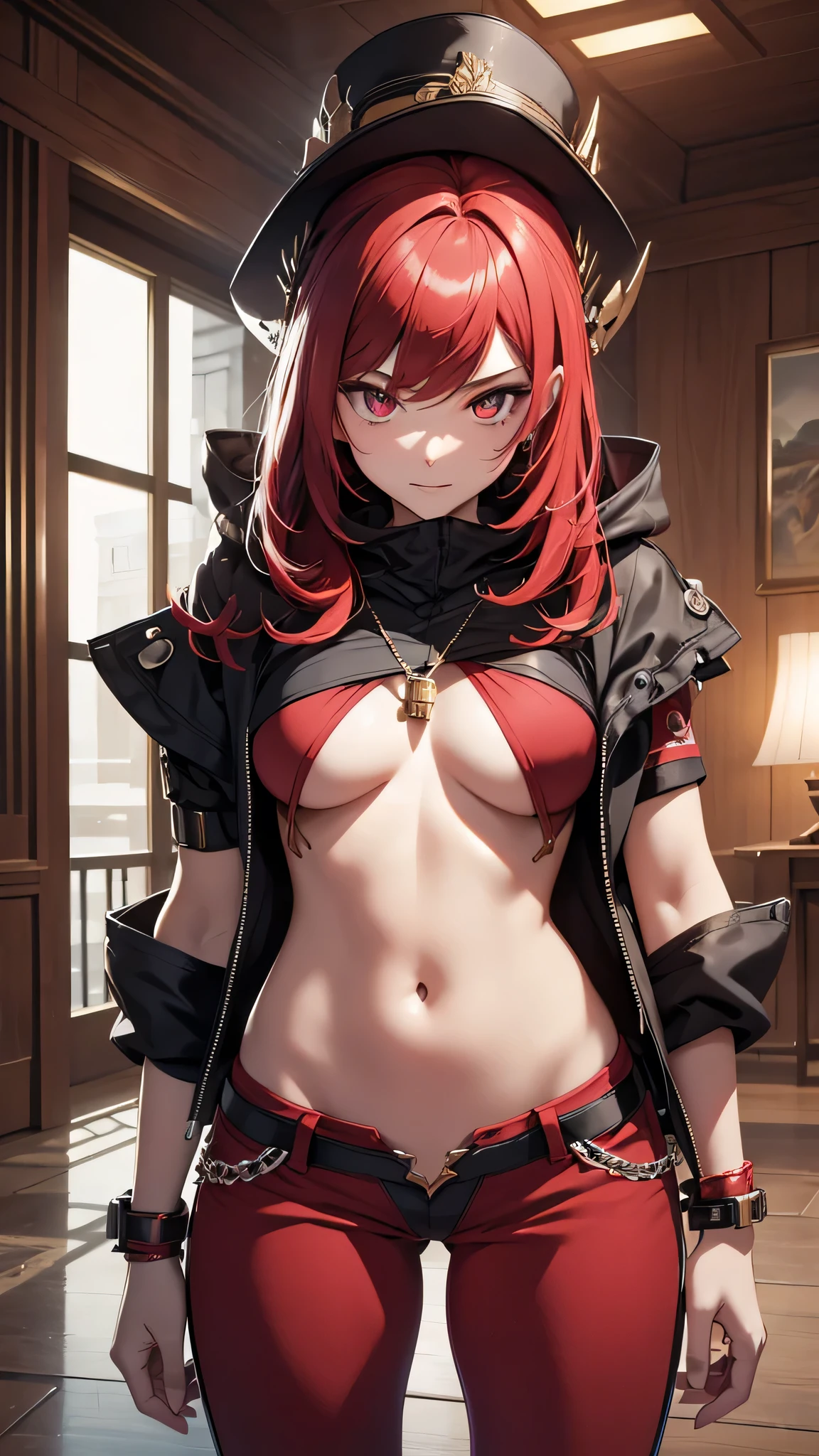 Highest quality、Highest quality、Masterpiece、girl((Metal body,Age 25、as soon as、Highest Bust、Medium Bust、Wide open chest、Red glowing eyes、Black Ear、Red Mesh、Disheveled Hair、Loincloth、thin、The best valley、Open chest、Luminous Wristbands、hair ornaments、Full body view、Black short-sleeved hoodie、Red pants、scar、cell phone、A little muscular、Ruby Necklace、No underwear、hat))、high quality、Beautiful Art、background((night、Beautiful private room))、flight、Flying Debris、Depth of text、movie、Visual Arts、Perfect Art、8K、Genuine、