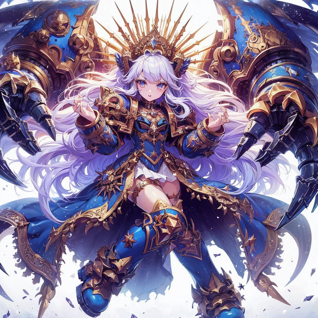 masterpiece, highest quality, Super detailed, Anime Style, かわいいカオススペースマリーンガールのwhole body, Devil Primark Girl, Ominous and foreboding atmosphere, Deluxe Ultra Blue Power Armor, Both arms are giant claws, Hall々was crowned, Shiny golden hair, High heel boots, Warhammer 40K, Supernatural Lightning and Fire, ((Eight-pointed star symbol)), 8K High Resolution, Trend Art Station, White Background, whole body,

