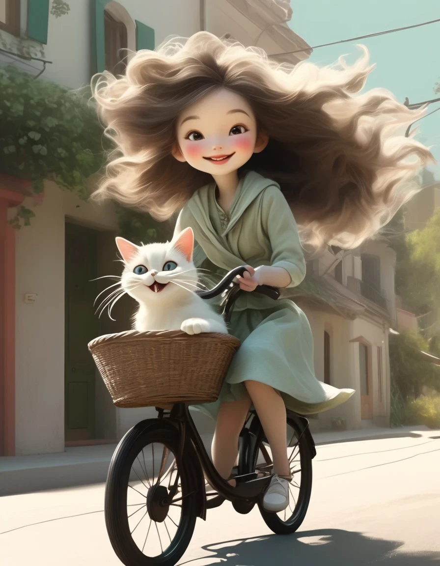 in style of Ray Caesar , character concept design, Young girl with a cat, young girl with a cat, a woman with long flowing hair riding a bicycle with a cute smiling cat in the basket, she holds out her arms with a happy expression, illustration style, best details, crayon, pastel, matte, risque, grainy texture, diffuse gradient, blurred edges, rough textured watercolor paper