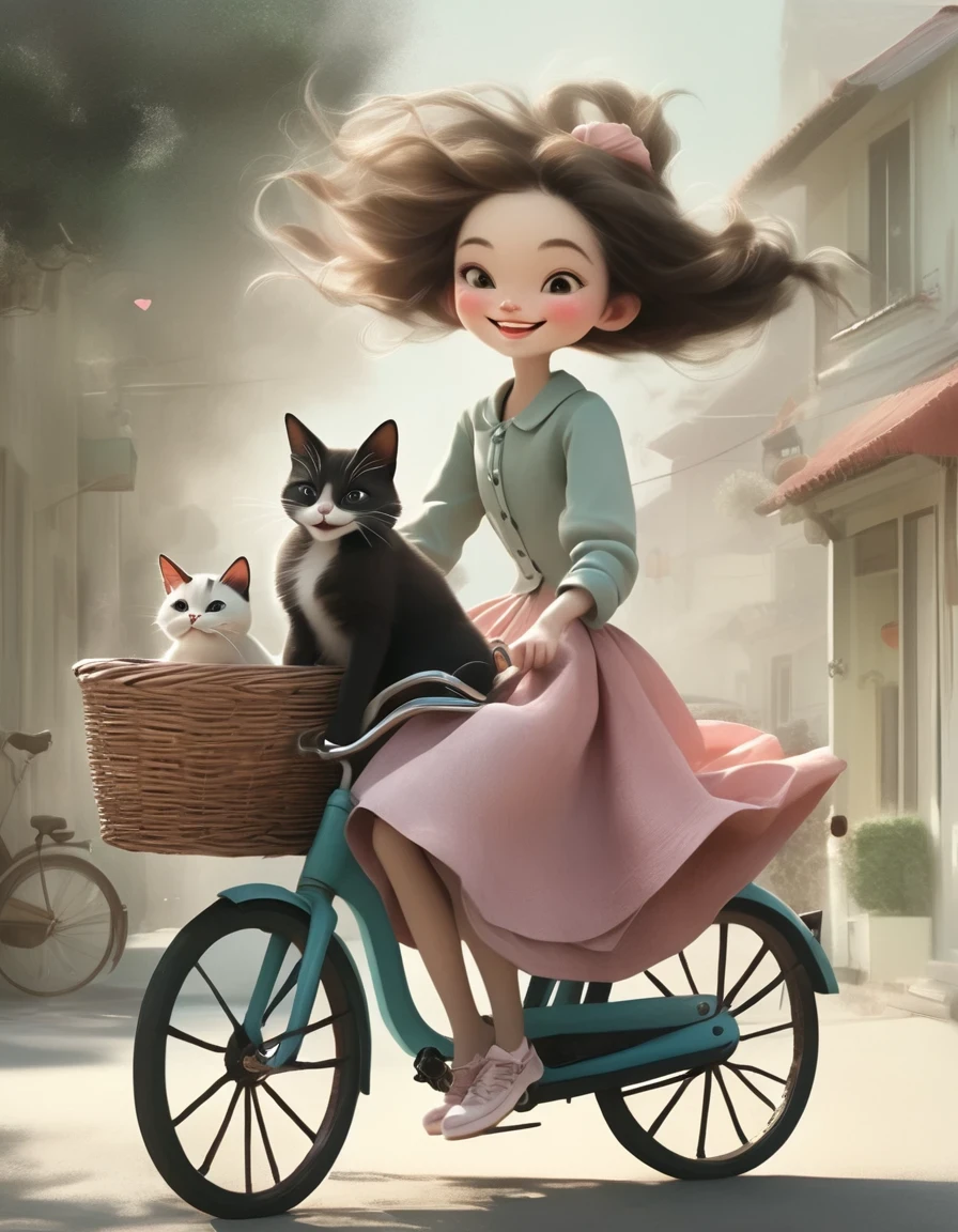 in style of Ray Caesar , character concept design, Young girl with a cat, young girl with a cat, a woman with long flowing hair riding a bicycle with a cute smiling cat in the basket, she holds out her arms with a happy expression, illustration style, best details, crayon, pastel, matte, risque, grainy texture, diffuse gradient, blurred edges, rough textured watercolor paper