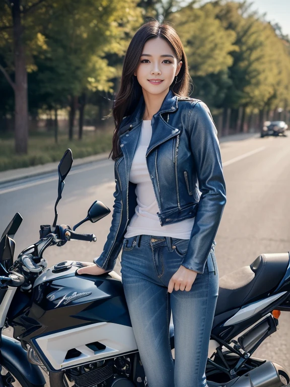 ((highest quality, 8k, masterpiece: 1.3)), sharp: 1.2, Perfect body beauty: 1.4,(((Woman on motorcycle))),Slender body,((Blue long sleeve motorcycle jacket and jeans)),Highly detailed face and skin texture,((Full Body Shot)),Natural light,smile