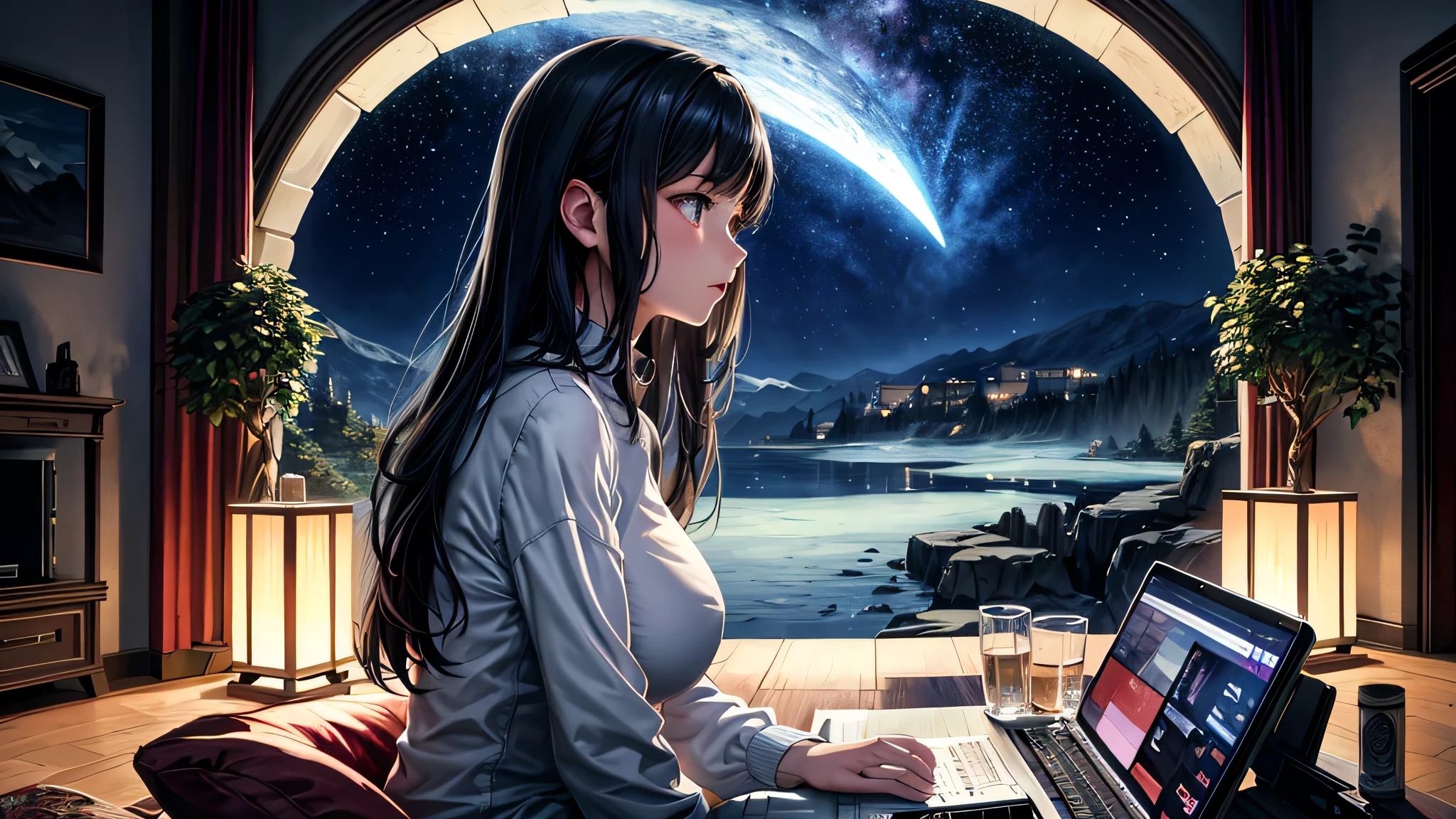 alone, Singular light, woman, midnight, face seen from the side, sideways, cosmic, fantsy, looking away:1.4, adult, busty, Ghibli-like design, living room, sitting, dark hair, studying, Completely, landscape orientation, side view, 