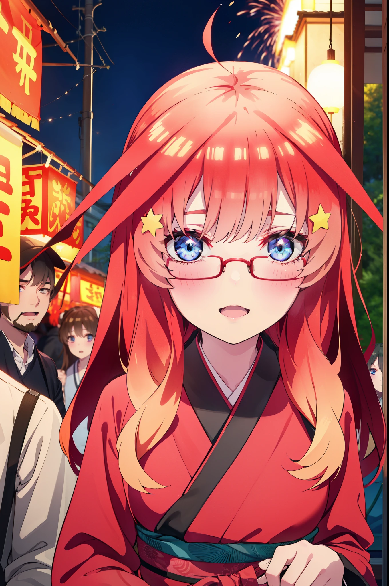 itsukinakano, Itsuki Nakano, bangs, blue eyes, Hair between the eyes, Ahoge, Redhead, star \(symbol\), hair ornaments, star hair ornaments,Akagi Glasses,smile,blush,Happy atmosphere,Open your mouth,Long Hair,Tie your hair back,red kimono,,Thick sleeves,Sandals,White tabi,night空の花火,Fireworks display,Japanese Festivals,Summer festival food stalls,Red Lantern, night,whole bodyがイラストに入るように,Looking down from above,
break outdoors, shrine,                                              break looking at viewer,whole body,
break (masterpiece:1.2), highest quality, High resolution, unity 8k wallpaper, (shape:0.8), (Beautiful and beautiful eyes:1.6), Highly detailed face, Perfect lighting, Highly detailed CG, (Perfect hands, Perfect Anatomy),