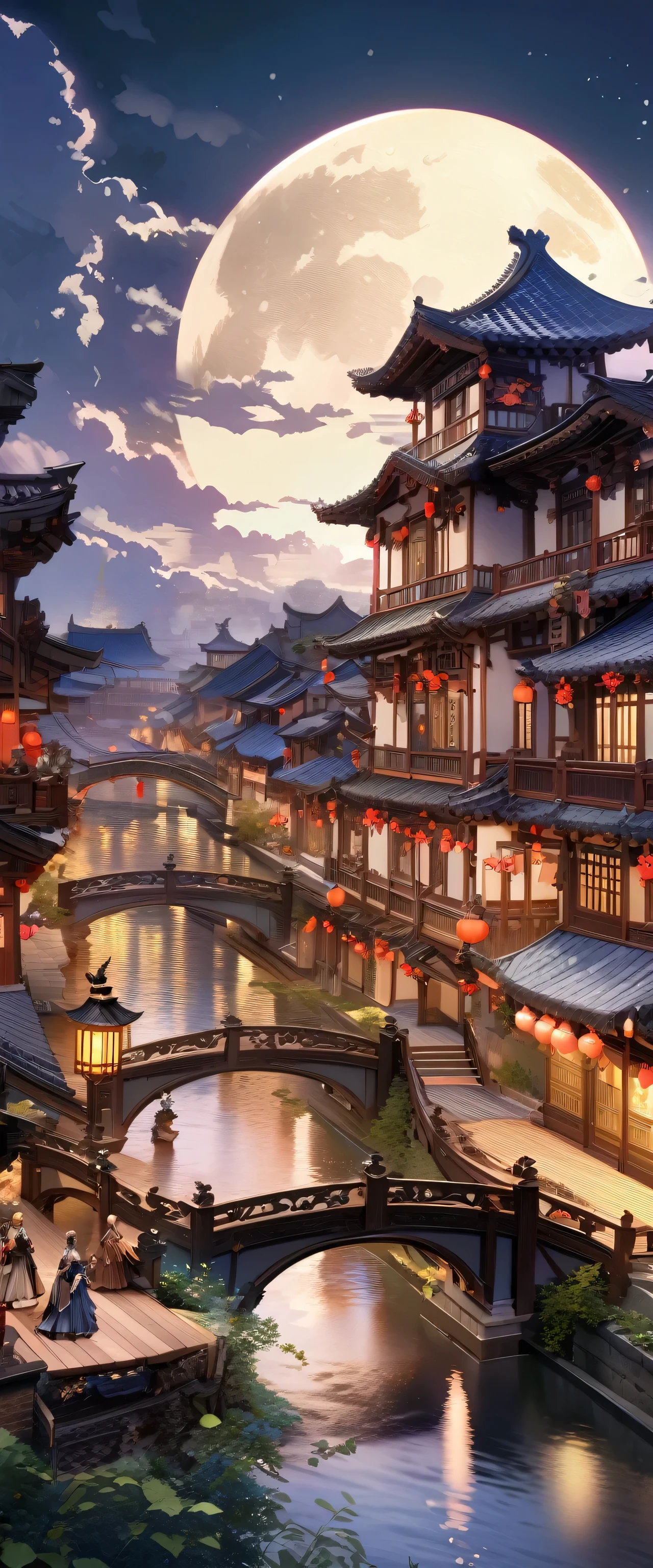 (masterpiece, highest quality, figure, The finer details), ((Highly Detailed CG Unity 8K Wallpaper, High resolution)), High chroma, low brightness, Concept Art, ((unmanned)), (landscape), (Water flow on a small bridge), (Jiangnan Water Town), null, night, (full moon), cloud, Outdoor, architecture, river, Suzhou Garden