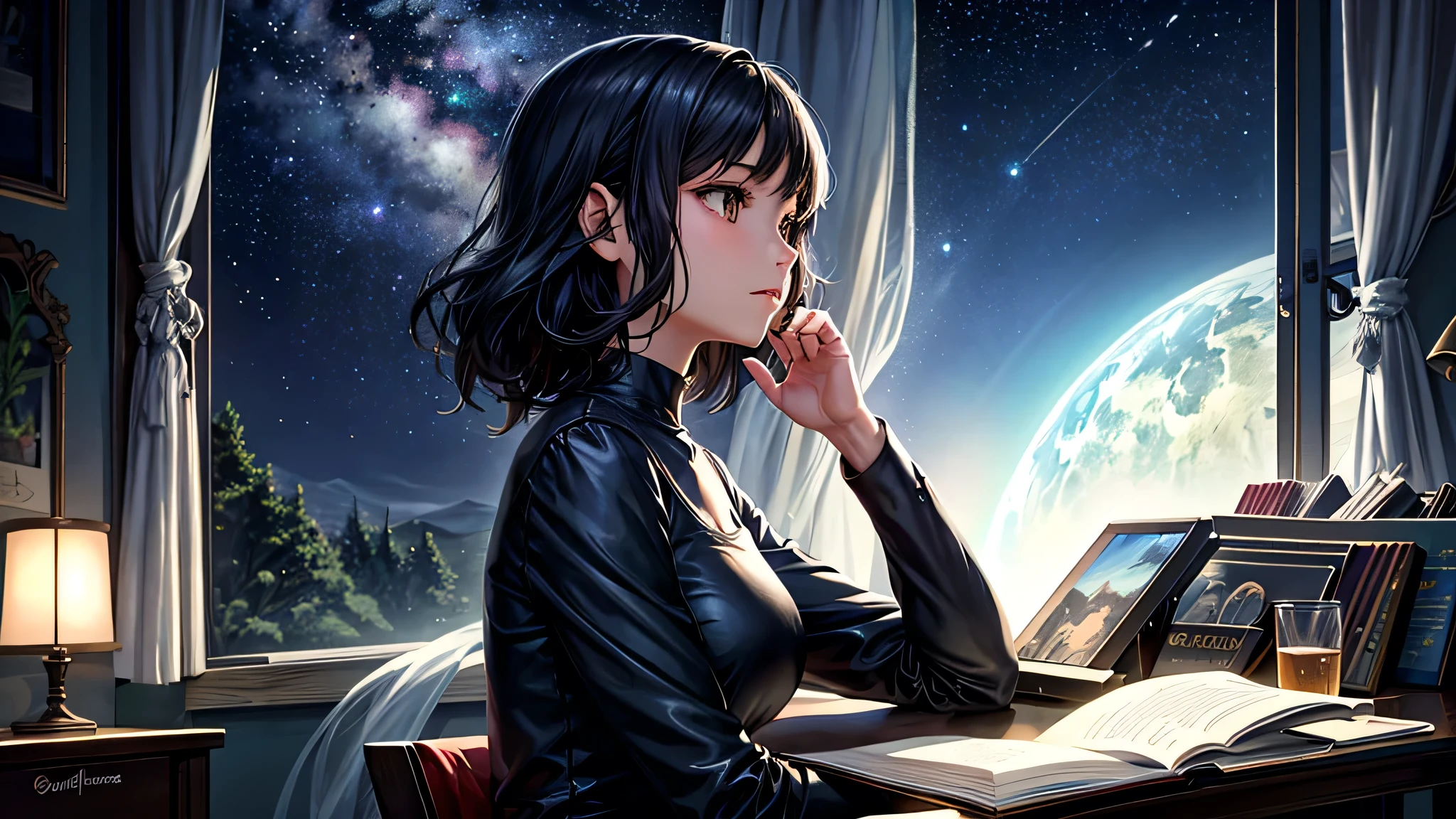 alone, Singular light, woman, midnight, face seen from the side, sideways, cosmic, fantsy, looking away:1.4, adult, busty, Ghibli-like design, living room, sitting, dark hair, studying, Completely, landscape orientation, side view,