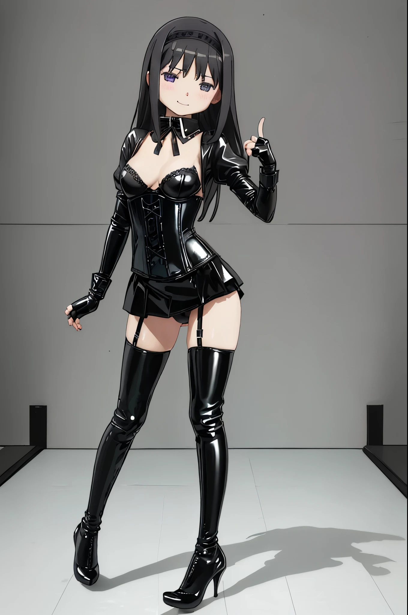 (((chibi)))、(((Lori)))、(((low length)))、(((Child body type)))、BDSM、Queen、mistress、(((girlが1人)))、solo、(((Long gloves covered to the fingertips in black latex:1.4 )))、(((Black latex corset dress:1.4)))、(((The corset dress is decorated with beautiful lace.)))、(((Corset dress with shoulder straps)))、(((Black latex tight mini skirt:1.4)))、(((Black Thigh Boots)))、(((Black fishnet stockings:1.2 )))、(((Stiletto heels:1.4)))、(((Black latex panties)))、(((Black latex bra)))、(((Black leather collar)))、(((Sexy pose:1.4 )))、Wide-open legs:1.2、(((Erotic)))、(((Cowboy Shot)))、highest quality, masterpiece, High resolution, alone, {Akemi_homura_Magical girl:1.2}, Straight long black hair, Headband, Purple Eyes, 1girl, Staring at the audience, Magic_girl, Portraiture, Wicked Smile、Cold Stare、blush