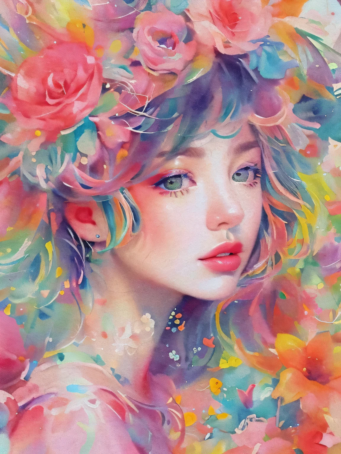 LAM style、(((stylish fashion))), 8K Quality、Intense watercolor, Detailed watercolor art, Watercolor splash, Surreal, avant-garde pop art, Beautiful and expressive paintings, Beautiful artwork illustration, Very colorful tones, wonderful, Cool beauty, highest quality、Official Art, Vector art, Stylish design, (((The most beautiful girl))), (((highest quality))), HDR, ((detailed)), (((Doodle Art)), ((masterpiece)), ((Super detailed)), (((Colorful flowers))),(((Stylish))), Lips in Love