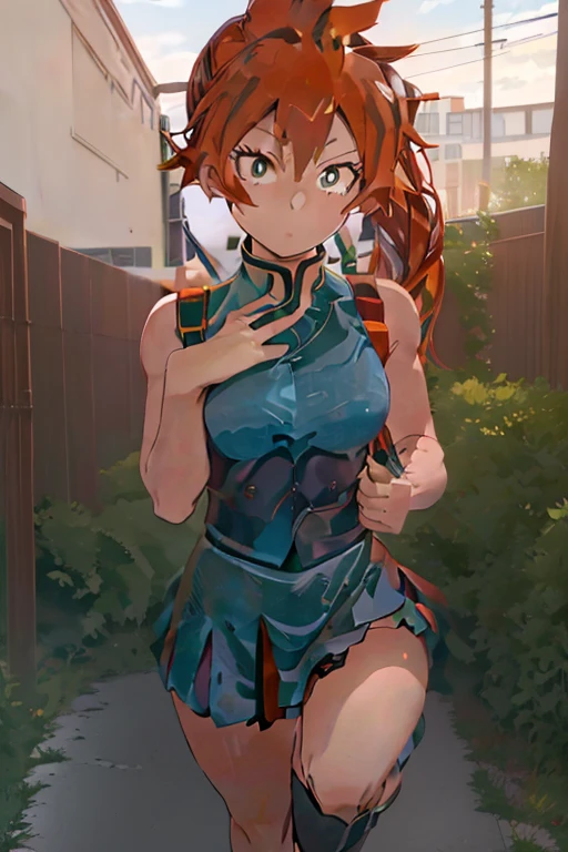 Itsuka kendo((In my hero academia)),(Author kohei horikoshi),(orange red hair tied in a ponytail),(expressive blue-green eyes),(white),(Beautiful image:1.5),(pretty face:1.5),(full body portrait),(perfect image resolution)