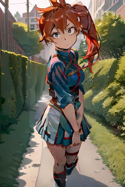 Itsuka kendo((In my hero academia)),(Author kohei horikoshi),(orange red hair tied in a ponytail),(expressive blue-green eyes),(white),(Beautiful image:1.5),(pretty face:1.5),(full body portrait),(perfect image resolution)