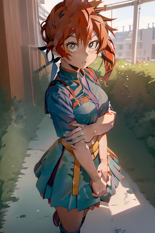 Itsuka kendo((In my hero academia)),(Author kohei horikoshi),(orange red hair tied in a ponytail),(expressive blue-green eyes),(white),(Beautiful image:1.5),(pretty face:1.5),(full body portrait),(perfect image resolution)