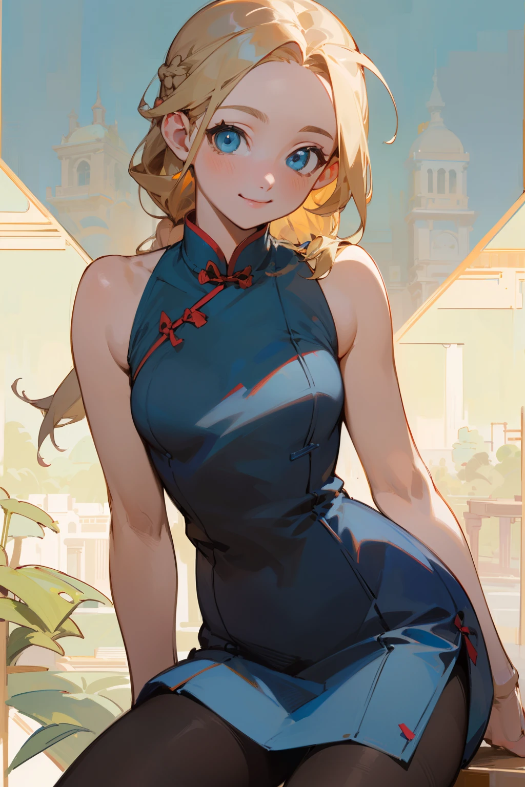 (masterpiece), ((best quality)), (super detailed), (beautiful eyes beautiful details eyes, Clean and delicate face), Single Braided blonde pony tail, parted bangs, forehead, blue eye, smile, wearing Luxury mini Cheongsam, Sleeveless, pantyhose, thigh, Alphonse Mucha