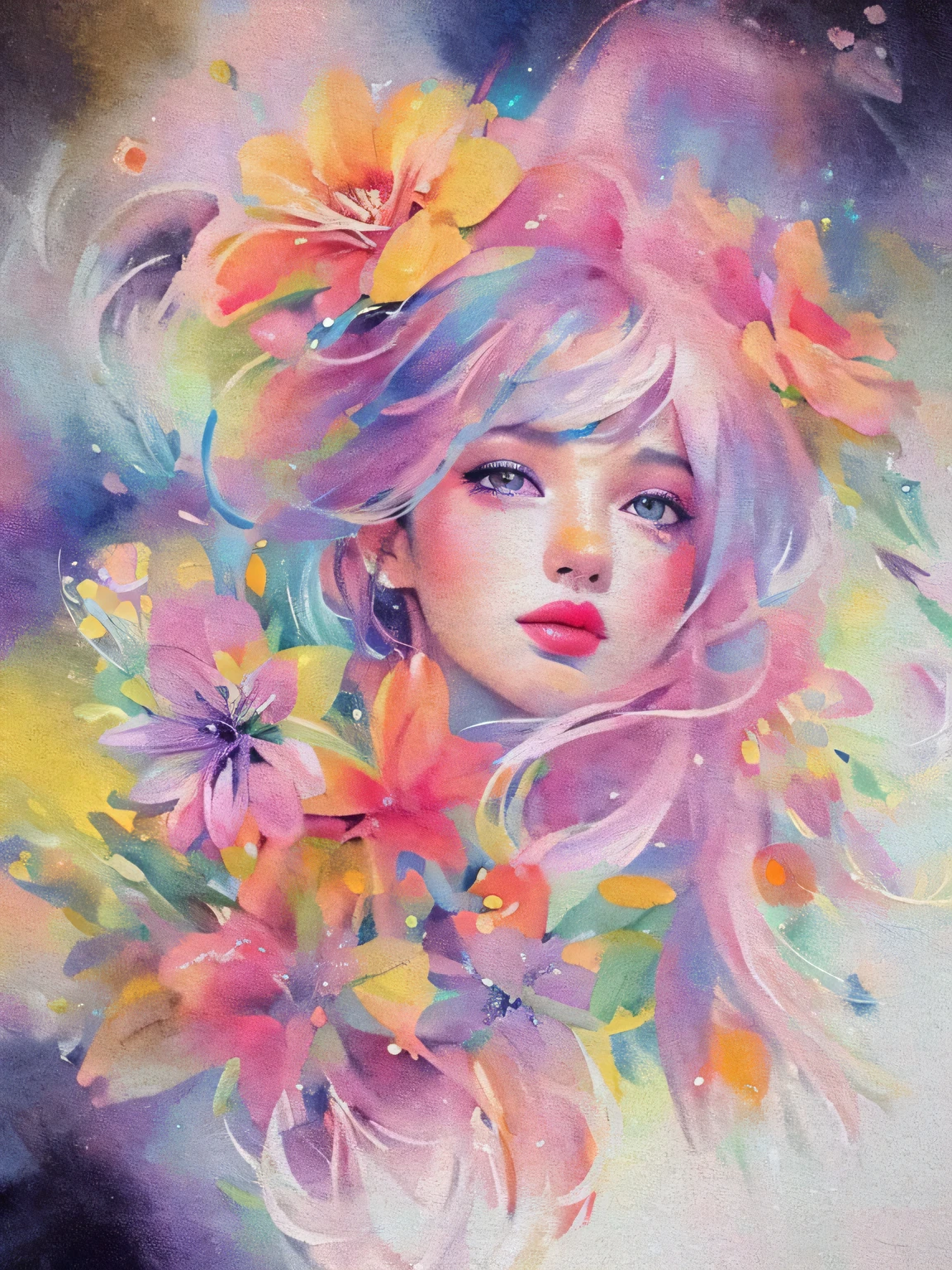 LAM style、(((stylish fashion))), 8K Quality、Intense watercolor, Detailed watercolor art, Watercolor splash, Surreal, avant-garde pop art, Beautiful and expressive paintings, Beautiful artwork illustration, Very colorful tones, wonderful, Cool beauty, highest quality、Official Art, Vector art, Stylish design, (((The most beautiful girl))), (((highest quality))), HDR, ((detailed)), (((Doodle Art)), ((masterpiece)), ((Super detailed)), (((Colorful flowers))),(((Stylish))), Lips in Love