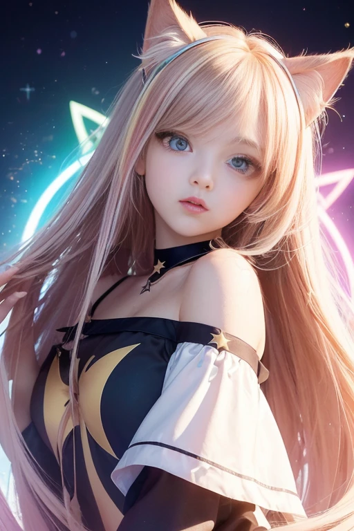 (masterpiece, best quality), ((1 Girl, (Become a) long hair), (Star-shaped pupil,  +_+, Symbol-shaped pupil, Bright Eyes), (Cat ears, Open your mouth)), (looking at the audience, A faint smile, Off-shoulder), (Abstract, Multicolored background, Abstract background, Chromatic Aberration),