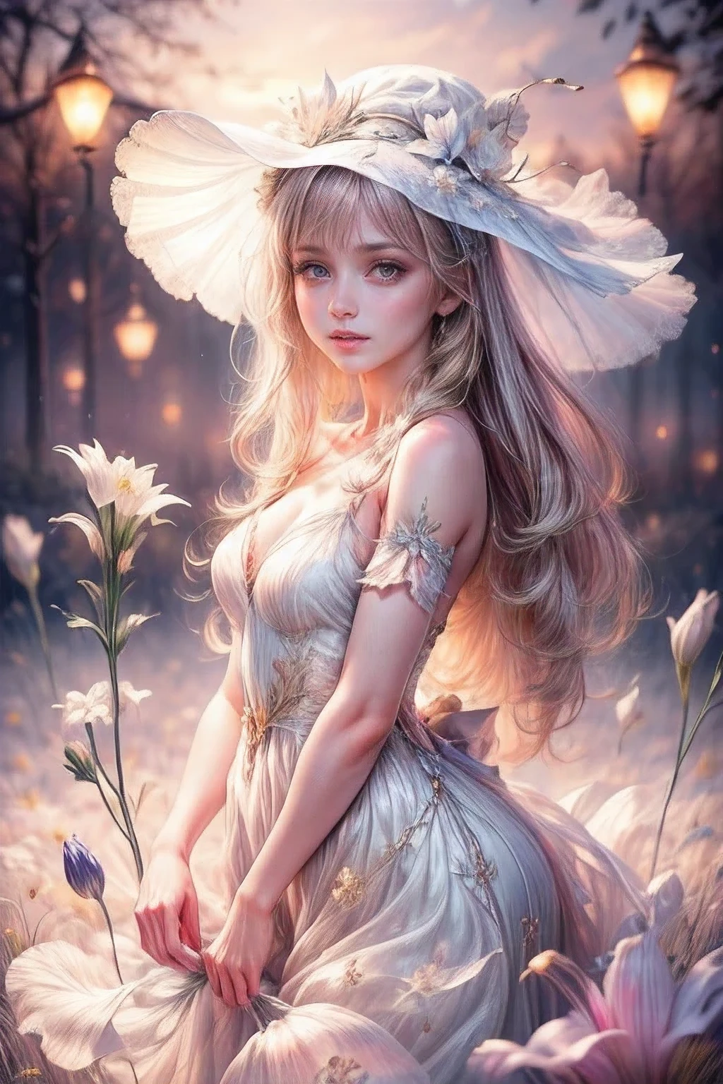 multiple exposure, masterpiece:1.2, highest quality, 16k, highres, ultra-realistic, photorealistic:1.37, beautiful detailed:1.2, cute lily fairy girl, flying in a meadow full of lilies, holding a bouquet of lilies,meadow(colorful lilies, full of lilies, bluesky), beautiful delicate pure white dress and hat with a lily motif, Beautiful and elegant pose, gently smile, beautiful delicate(hair, face, long eyelash, eyes, pupils, lips, hat, dress), sparkling eyes, shining rosy lips, blushed cheek, through bangs,