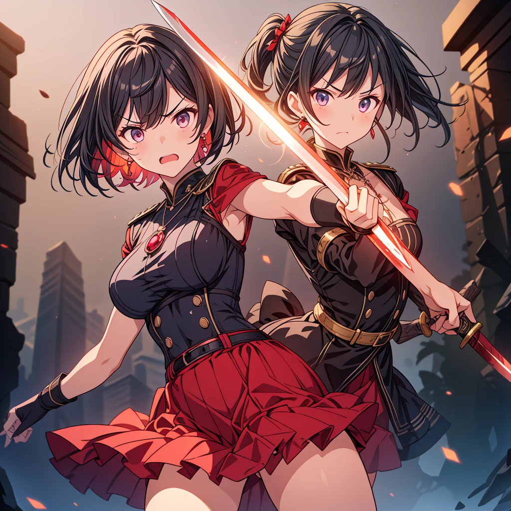 highest quality、Tabletop、Ultra-detailed、1 Female、alone、Age 25、(Underbust:1.3)、(Jet black uniform:1.3)、(Lens flare:1.4)、(Angry face:1.2)、(short twin-tailed black hair:1.2),amount, Shiny Hair, Delicate and beautiful face, Masseter muscle area、Scary atmosphere,View Viewer、Red Skirt、(Ruby Eyes:1.2)Holding a Japanese sword in his hand、Midnight Ruins、There is blood on the face、Red Necklace、Red earrings、Dark Landscape