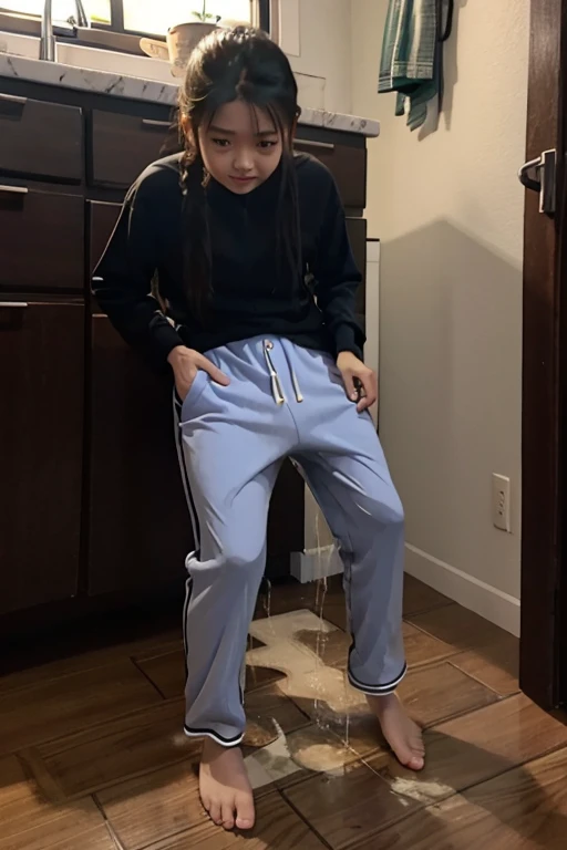 Malay Girl sees the ghost and pees her pajama until his pants are wet pants in fright.