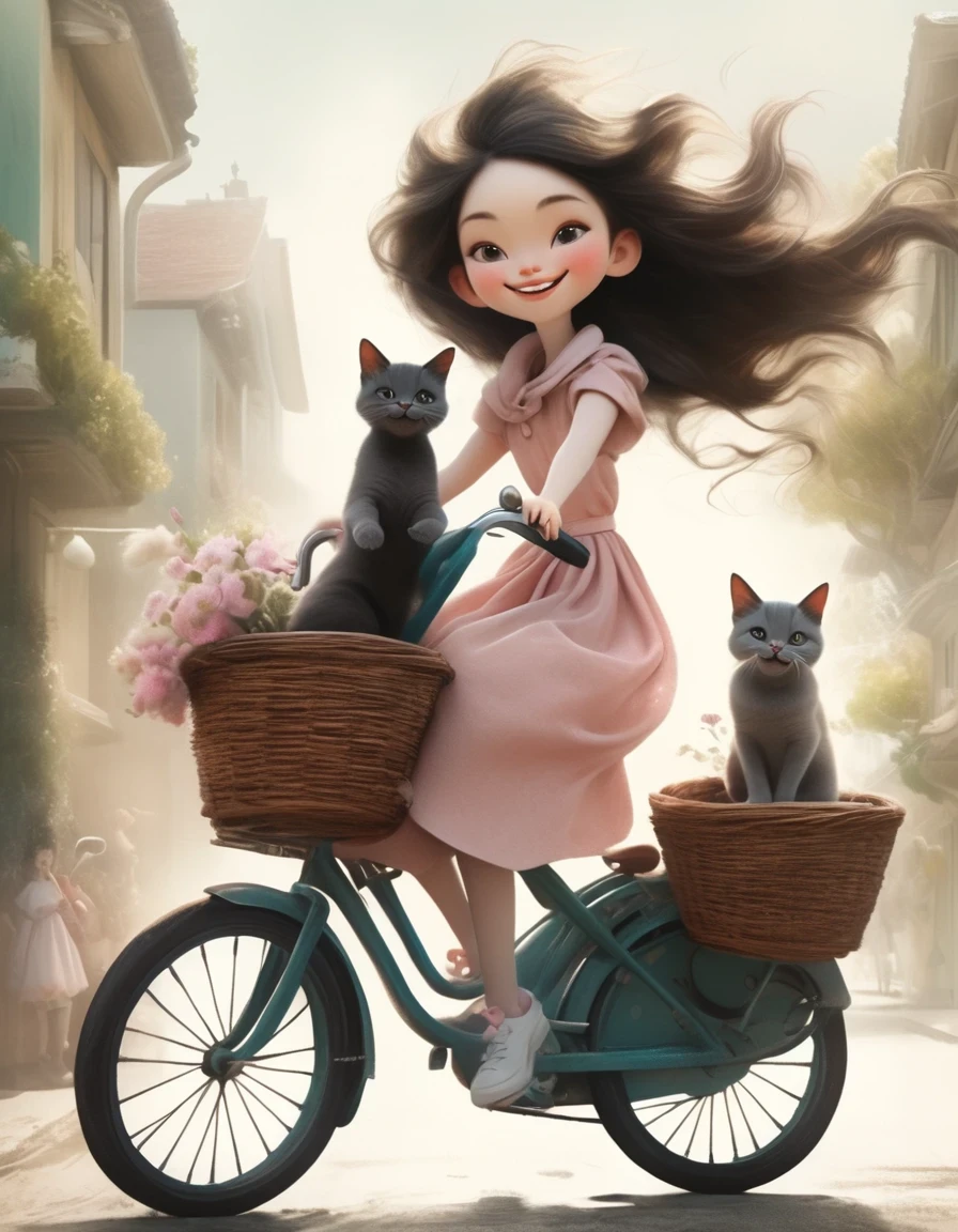 in style of Ray Caesar , character concept design, Young girl with a cat, young girl with a cat, a woman with long flowing hair riding a bicycle with a cute smiling cat in the basket, she holds out her arms with a happy expression, illustration style, best details, crayon, pastel, matte, risque, grainy texture, diffuse gradient, blurred edges, rough textured watercolor paper
