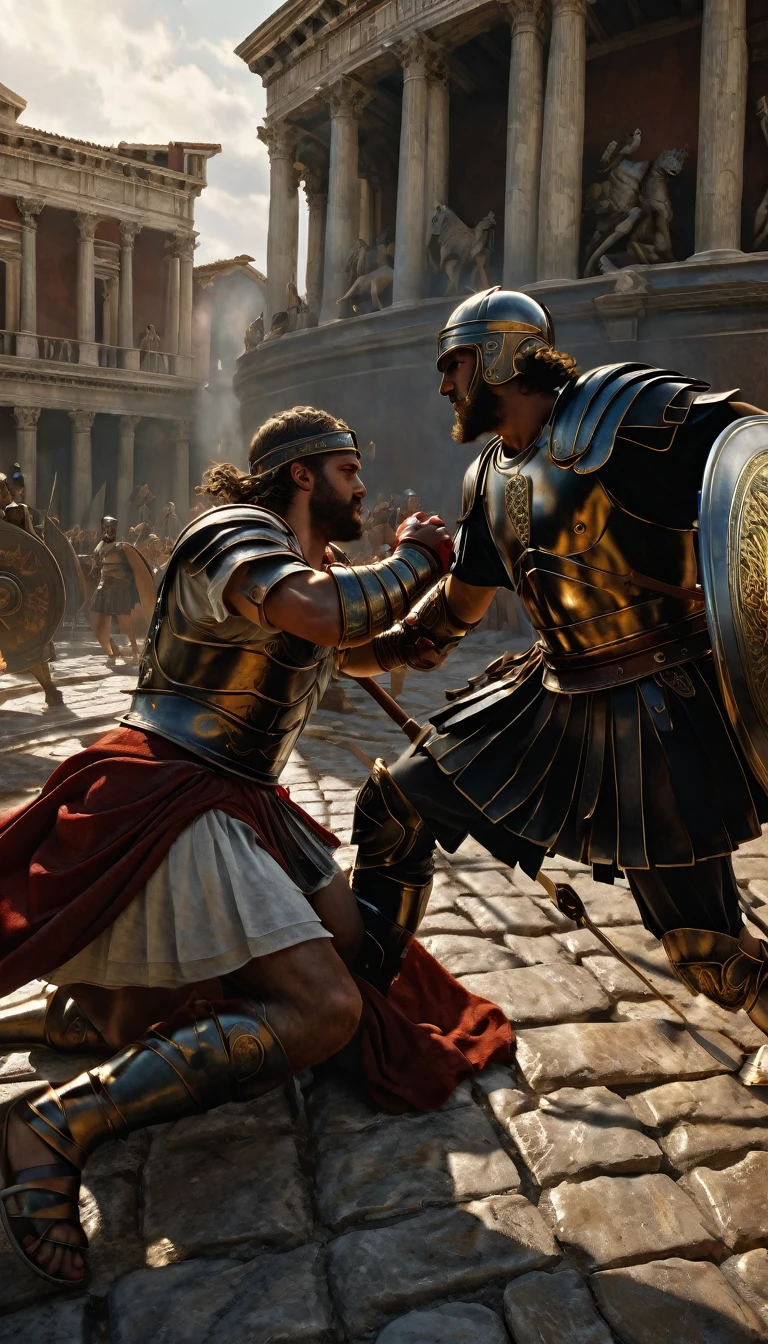 Intense gladiator duel, set in ancient Rome, historical painting, digital UHD (k) image, cinematic film still dramatic side lighting, hdr, shallow depth of field, vignette, highly detailed, high budget Hollywood film, cinemascope, moody, epic, gorgeous
, Highly detailed and clean, Photorealistic and cinematic masterpiece, professional photography, realistic, realism, 200k , Raytracing and light effect, digital, perfect composition, beautiful detailed intricate insanely detailed octane render trending on artstation, 8 k artistic photography, photorealistic concept art, soft natural volumetric cinematic perfect light, the morning mist shone on their bodies, award - winning photograph, masterpiece, raphael, caravaggio, greg rutkowski, beeple, beksinski, giger
