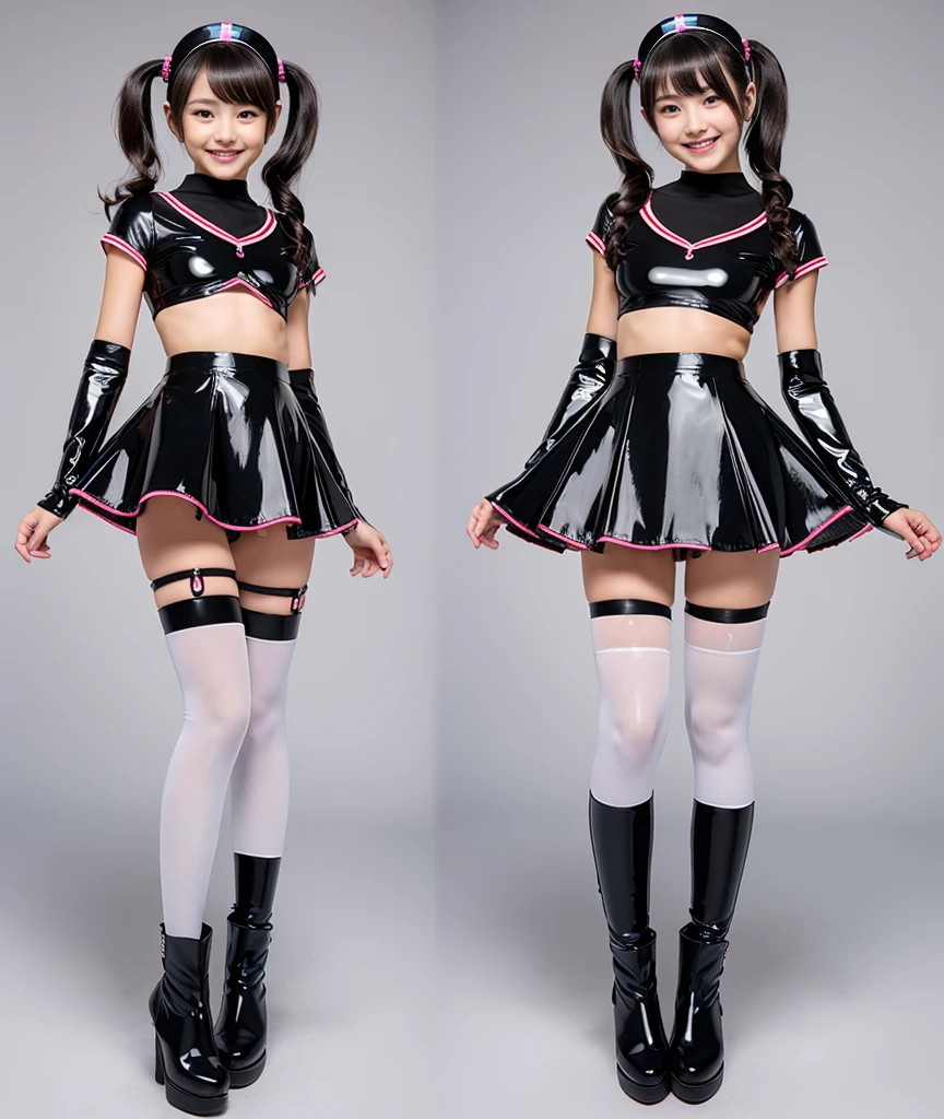 {{{high quality}}}, {{{super realistic}}},{{{best quality}}}, ((beautiful face)),((1 girl)),((solo)),(()),(((loli))),((sht girl)),((small breasts)),((latex,black nurse costume)),(black latex skirt,mini skirt),(black over-kneehighs),(black hair, twintails),(ultra-detailed),((full body)),((smile,pretty smile)),((pretty pose))