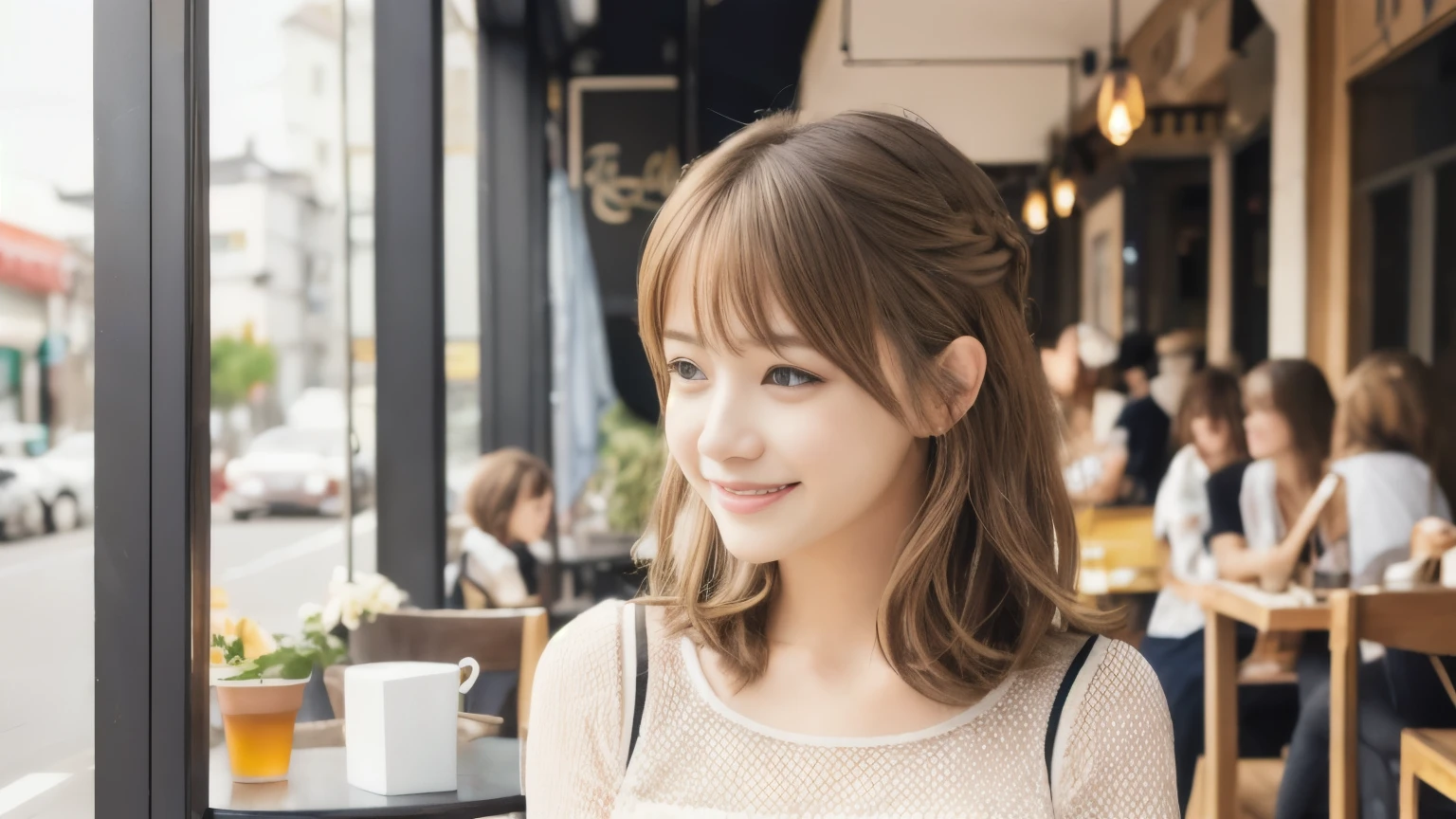 super high quality, short hair, thin, Photography Sculpture, The staff is working at the counter in the back.., (8k、RAW Photos、highest quality、masterpiece:1.2), Japanese Idols, Sportswear, Stylish cafe, People having fun at the cafe々Bustling with., (Realistic、Realistic:1.37), Mesh Hair, Urban Cafe, Golden Ratio, RAW Photos, Cute Face , Light brown hair, Small breasts, Bright cafe interior, Blurred Background, Beauty Salon Model, Spring Clothes, Beautiful Hairstyles, Spoiled, Cafe Terrace, Open Cafe, smile, Hair blowing in the wind, Dress neatly, 18-year-old, younger sister,