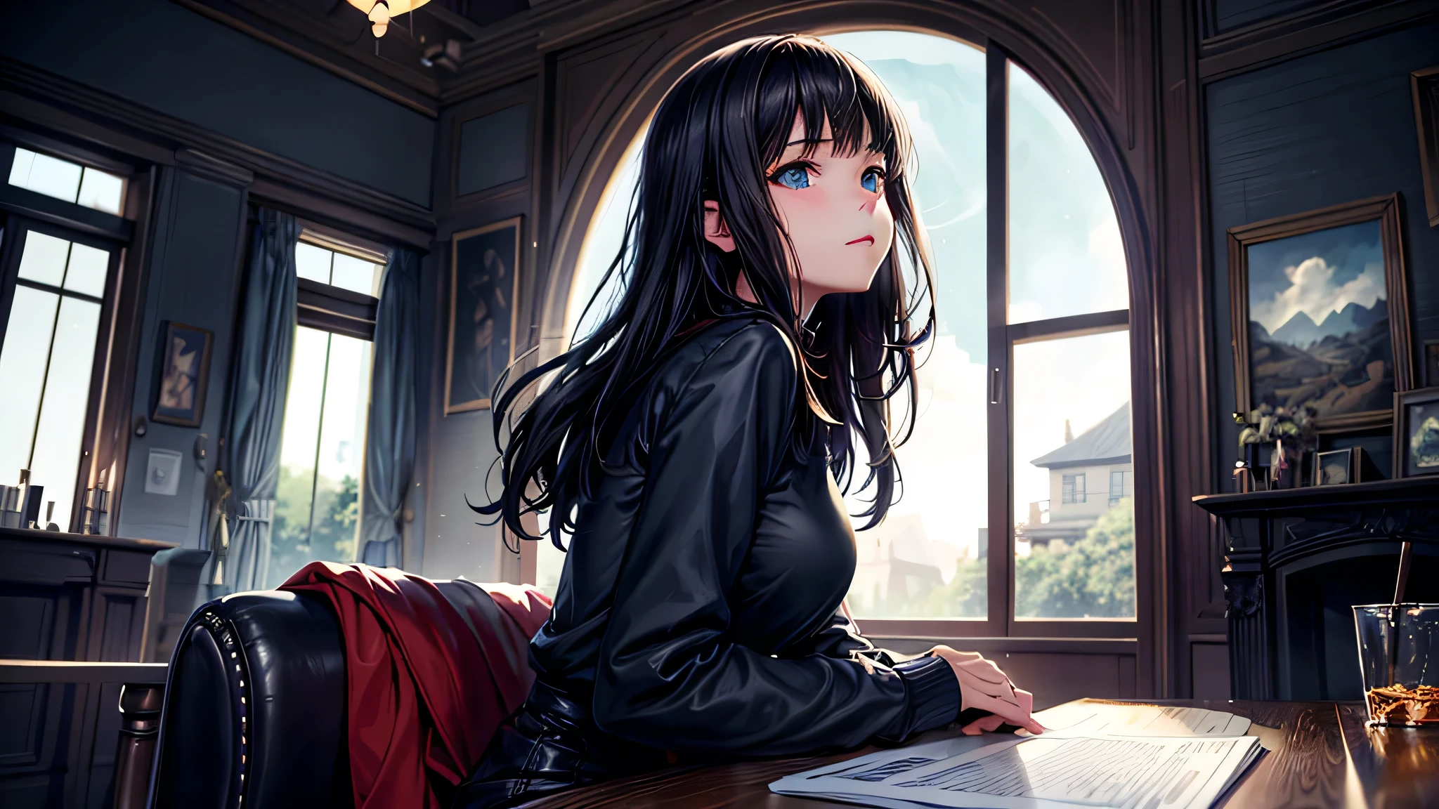 alone, Singular light, woman, midnight, face seen from the side, sideways, cosmic, fantsy, looking away:1.4, adult, busty, Ghibli-like design, living room, sitting, dark hair, studying, Completely, landscape orientation, side view,