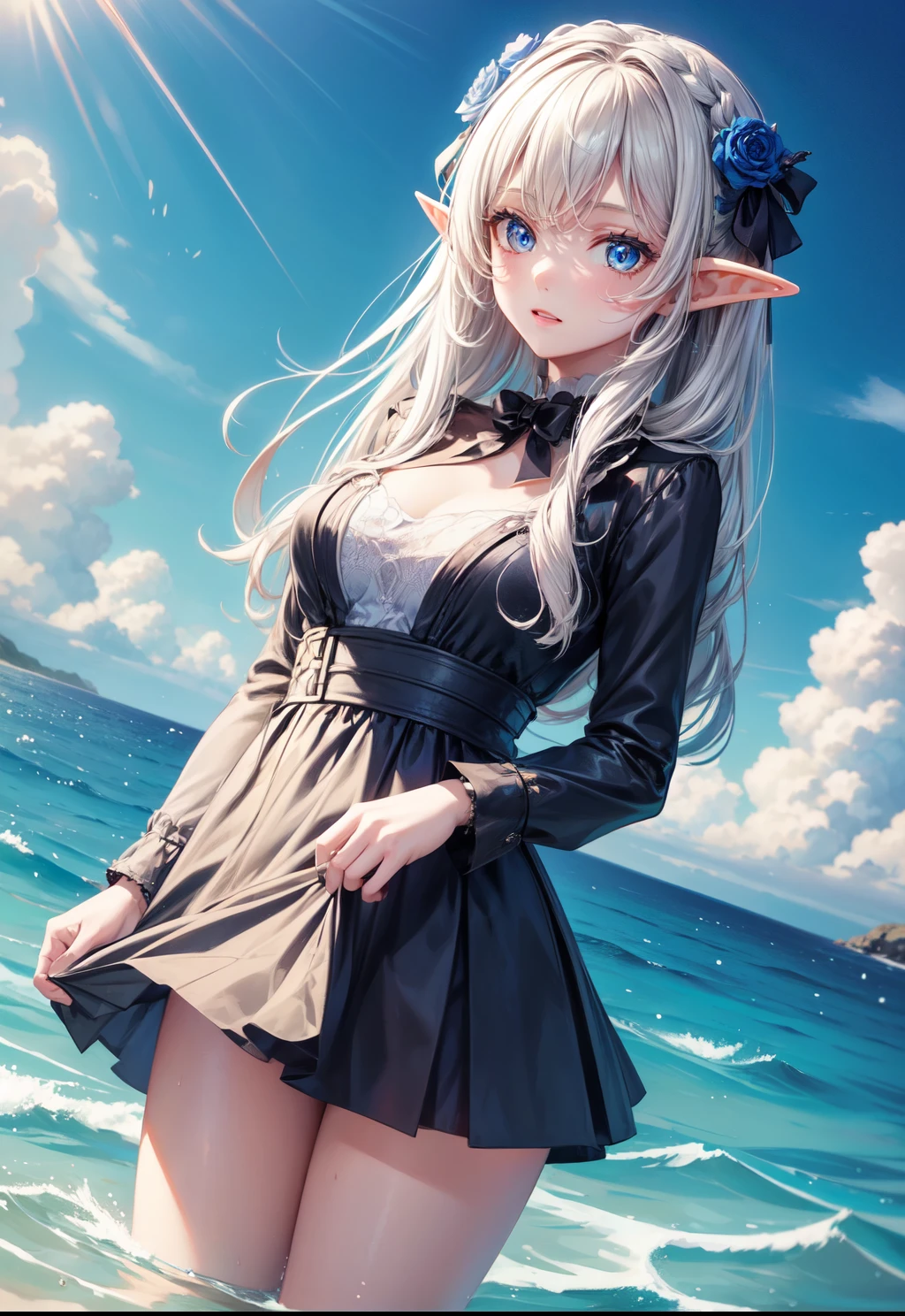 1 girl, (alone:1.3), ditch,((best quality)), ((masterpiece)), (detailed), perfect face, elf, young, in deep of the sea , Outdoor activities, suit, holding one&#39;s legs, certainly(blue file), big breasts,  blue green hair, braid, folded ponytail, Headband,,sexy 