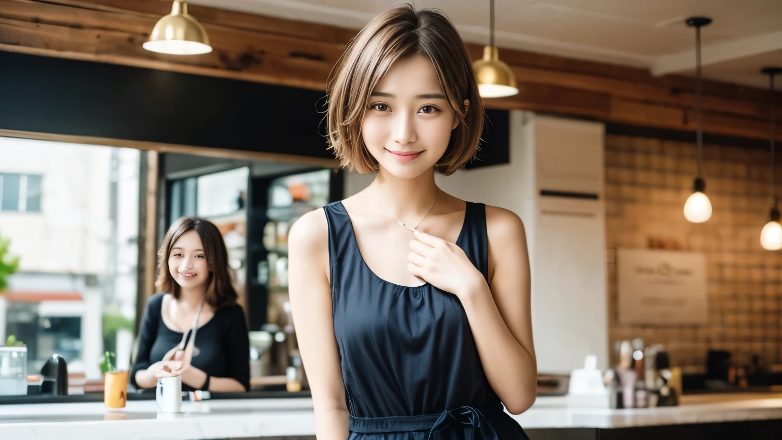 super high quality, short hair, thin, Photography Sculpture, The staff is working at the counter in the back.., (8k、RAW Photos、highest quality、masterpiece:1.2), Japanese Idols, Sportswear, Stylish cafe, People having fun at the cafe々Bustling with., (Realistic、Realistic:1.37), Mesh Hair, Urban Cafe, Golden Ratio, RAW Photos, Cute Face , Light brown hair, Small breasts, Bright cafe interior, Blurred Background, Beauty Salon Model, Spring Clothes, Beautiful Hairstyles, Spoiled, Cafe Terrace, Open Cafe, smile, Hair blowing in the wind, Dress neatly, 18-year-old, younger sister,