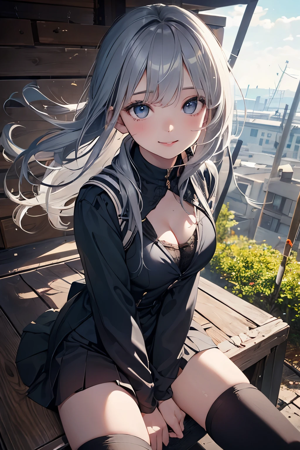 (One girl, 18 years old:1.3), (Realistic:1.4), (masterpiece, highest quality, highest quality, Official Art), Very detailed, Most detailed, (Super detailed), ((Very delicate and beautiful)), Cinematic Light, (Realistically:1.3), (Highly detailed skin:1.2), High resolution, 8k UHD, 4K, 8k, Bokeh, Digital single-lens reflex camera,(Cute older sister:1.3)、Long eyelashes、Slanted Eyes、smile,Spring atmosphere、noon、Aggressive、((Strong winds))、Black knee-high socks、 Dynamic Angle, From above, Moderately breasted, Cleavage, Spread your legs a little、Henry Shirt、skirt、Silver Hair